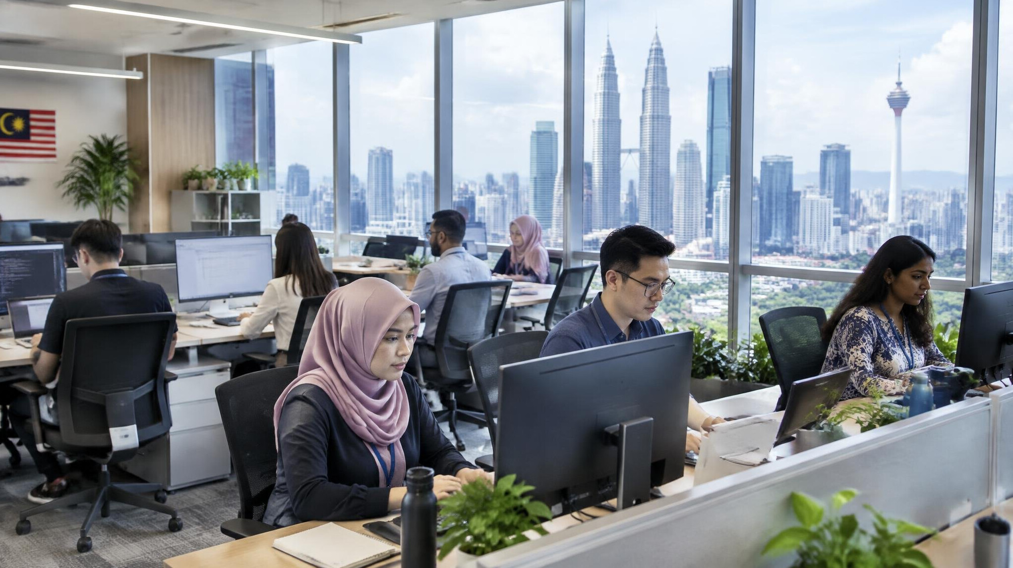 Modern office workspace in Kuala Lumpur with professionals working at computers