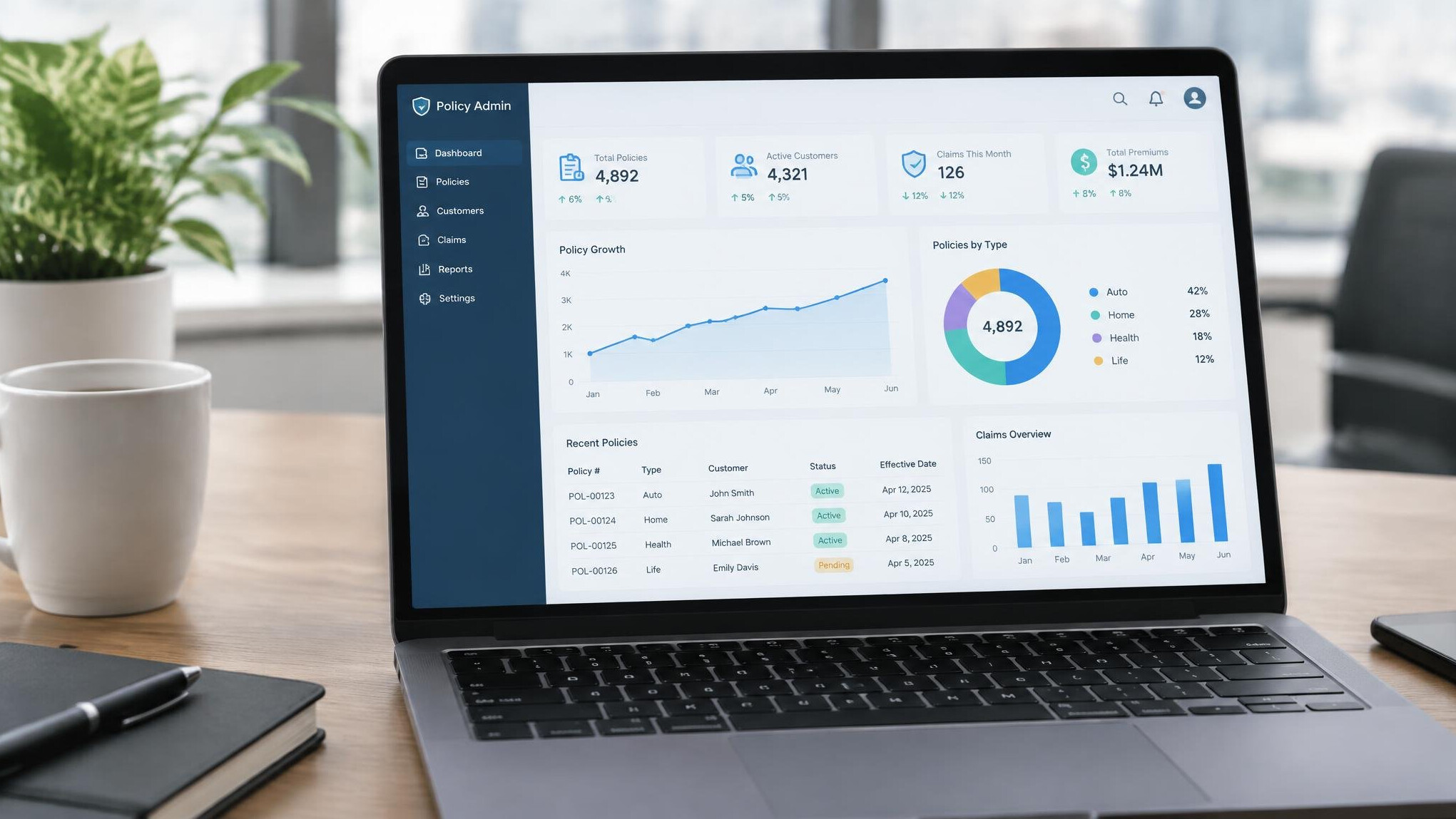 Laptop screen showing an insurance policy management dashboard