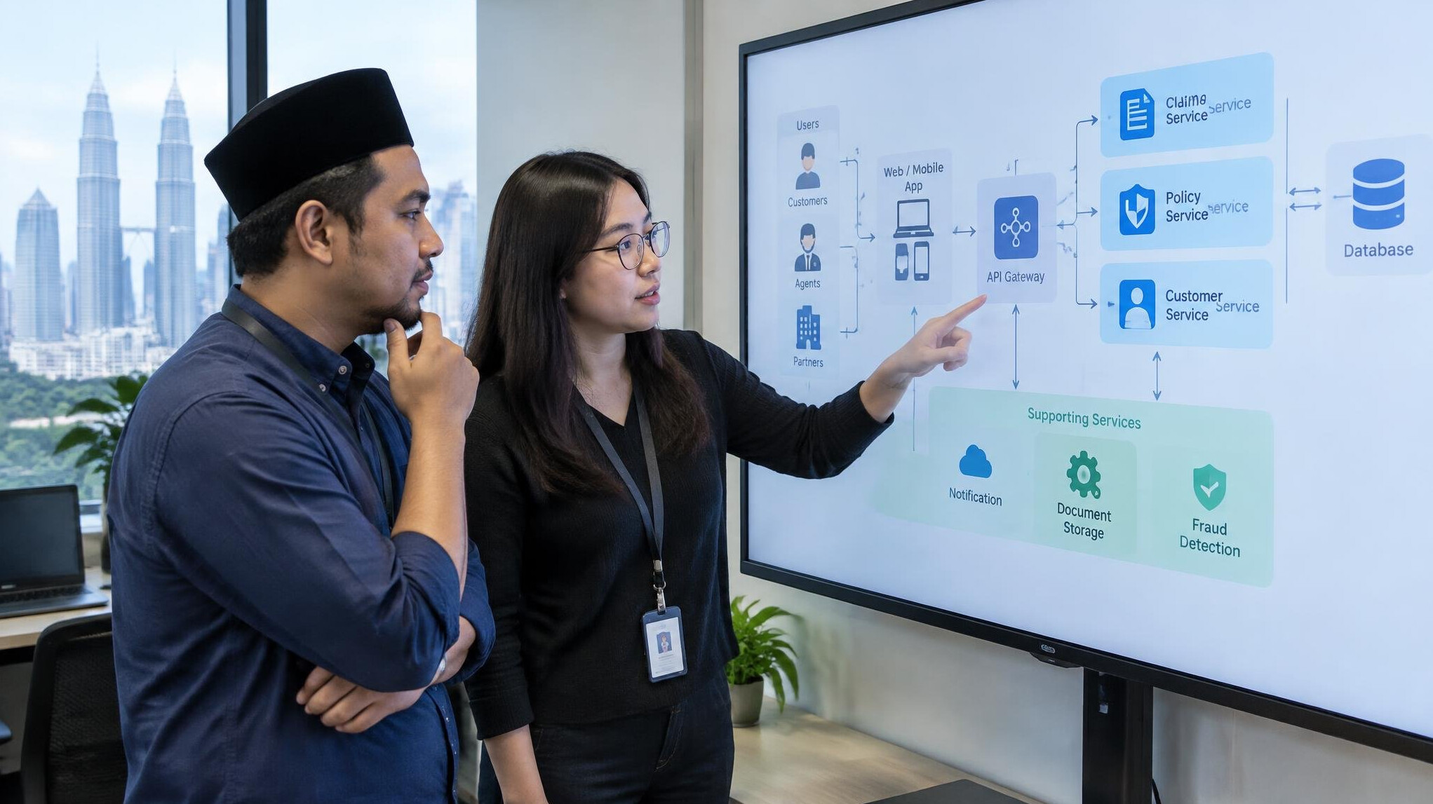 Developers reviewing system architecture diagrams on a large monitor